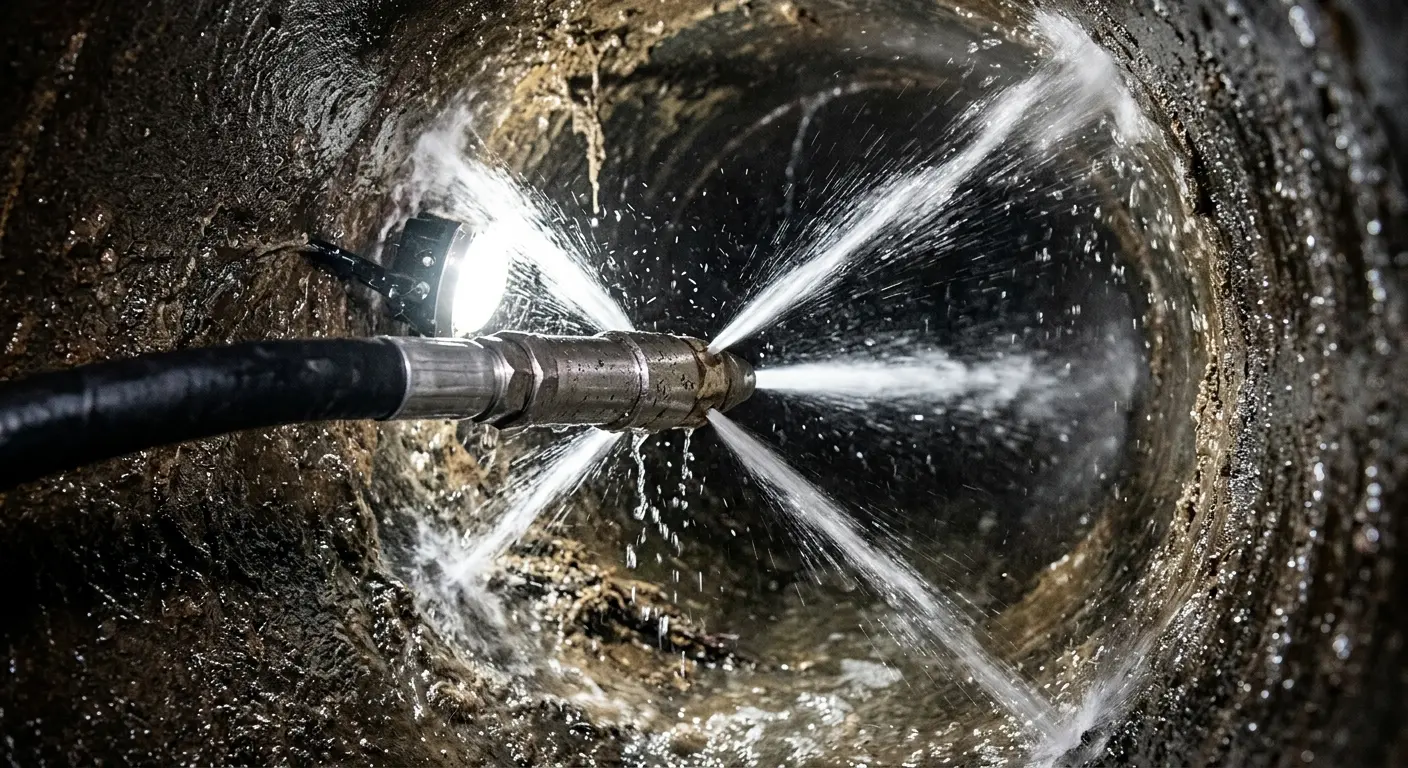 High-pressure hydro jetting nozzle cleaning sewer pipe for Emergency Drain Service in Wixom
