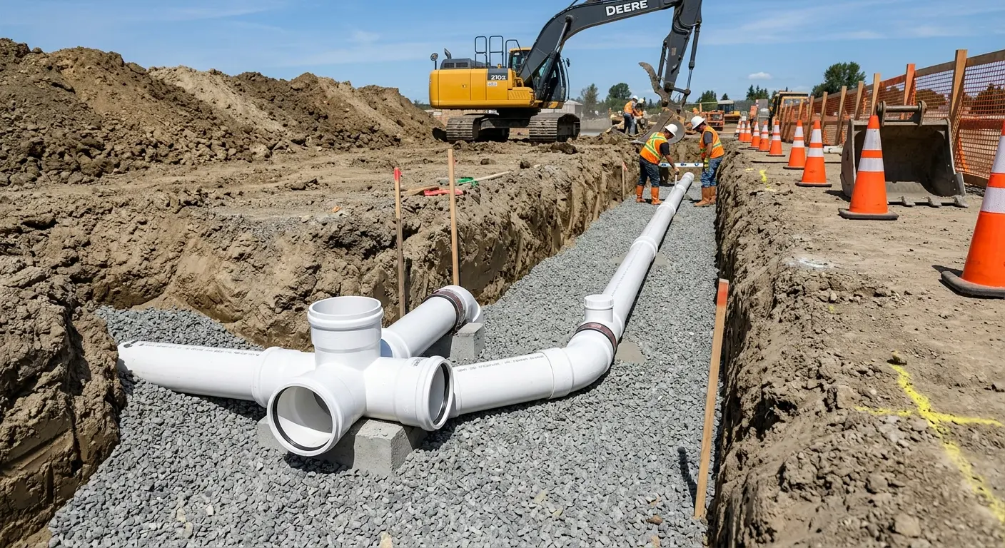 New PVC sewer pipe installation in open trench for Sewer Backup in Wixom