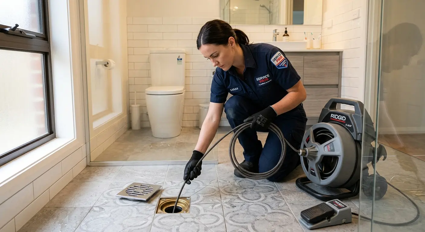 Technician clearing a bathroom floor drain for Drain Cleaning in Wixom